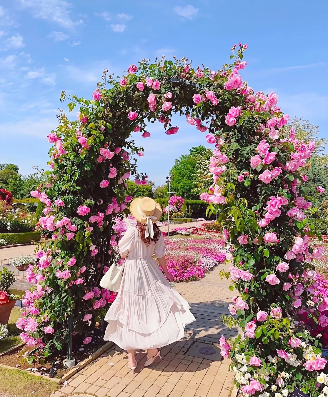 バラのアーチを歩く女性