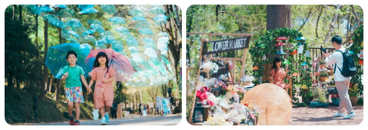 ムーミンバレーパークのカラフルな傘のアートと花市場エリア