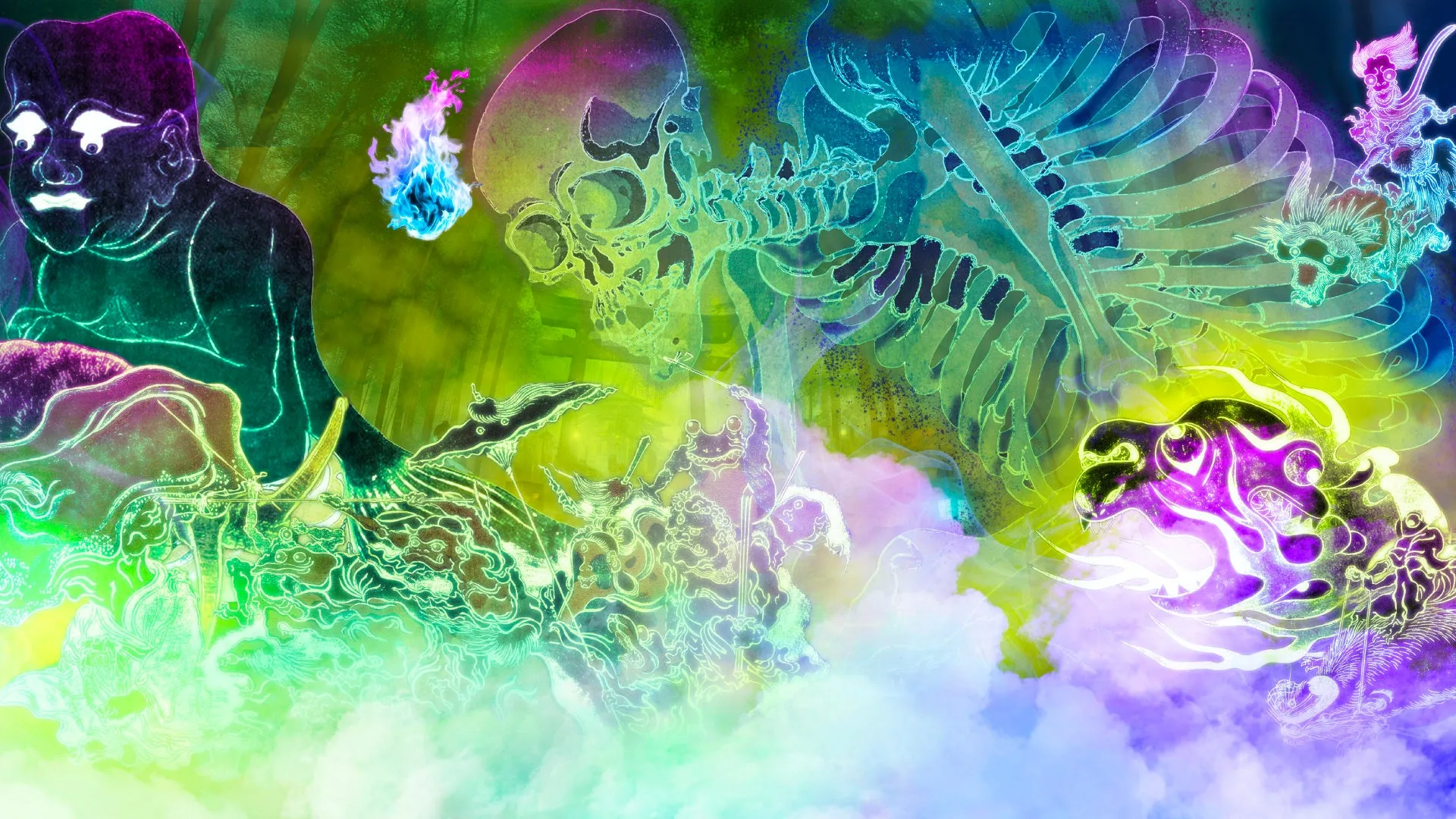 妖怪と骸骨が描かれたカラフルなデジタルアート