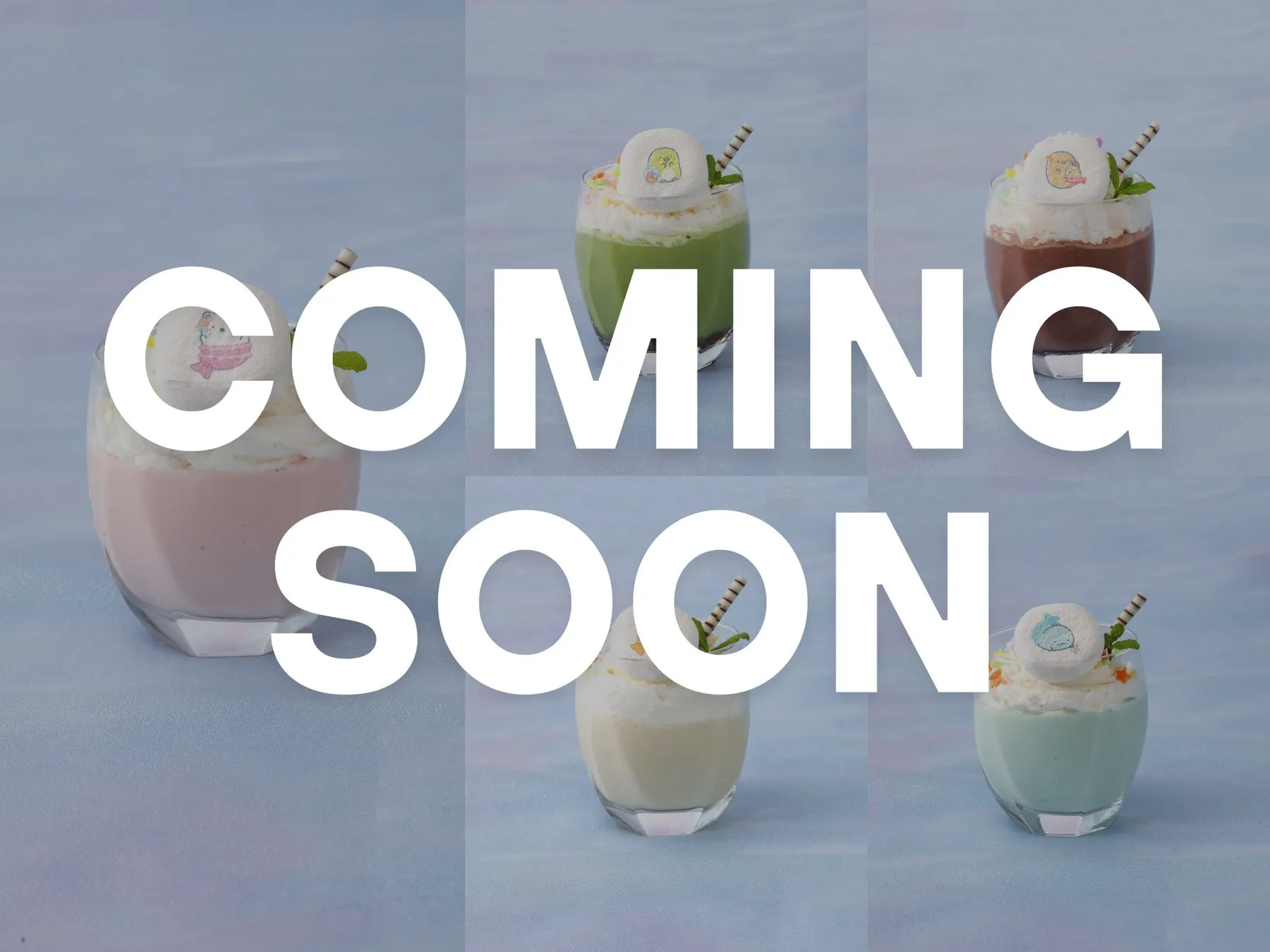 すみっコぐらしのカラフルなシェイクと「COMING SOON」の文字