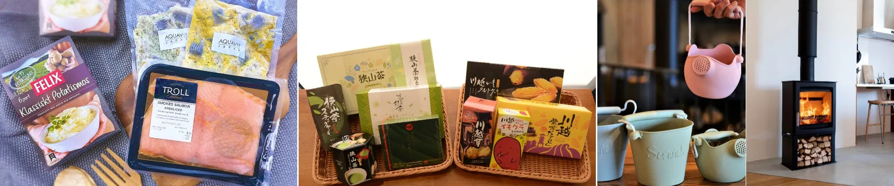 スウェーデン食品と日本特産品の詰め合わせ、暖炉のある室内
