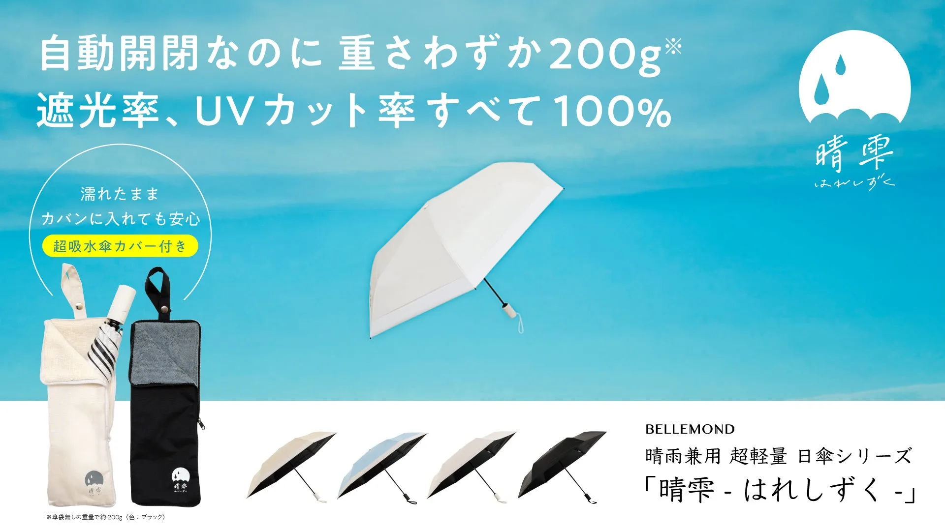 晴雫の吸水傘カバー付き超軽量晴雨兼用折りたたみ日傘のイメージ写真