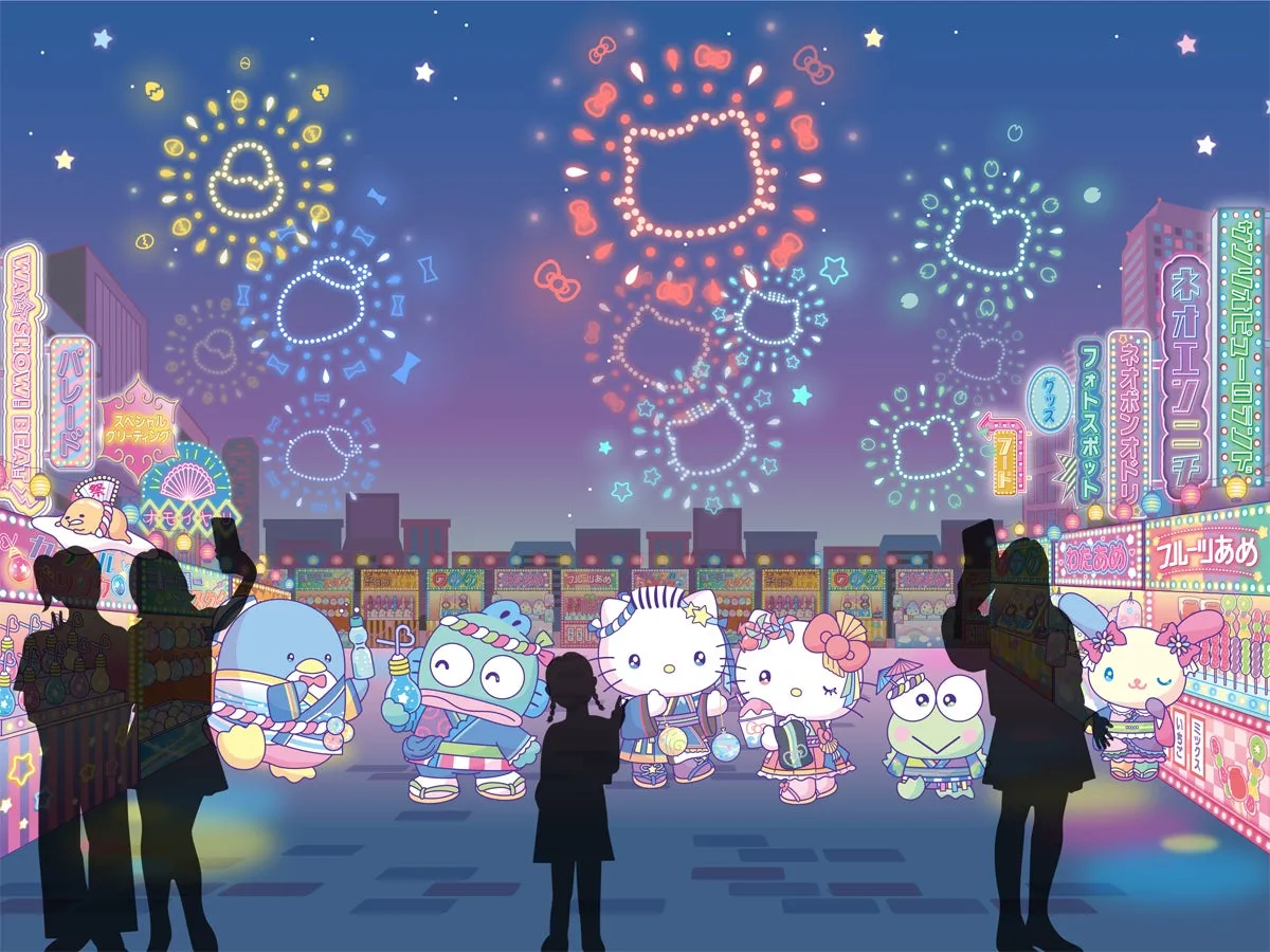 ネオンライトに彩られたレトロな祭りとキャラクター花火