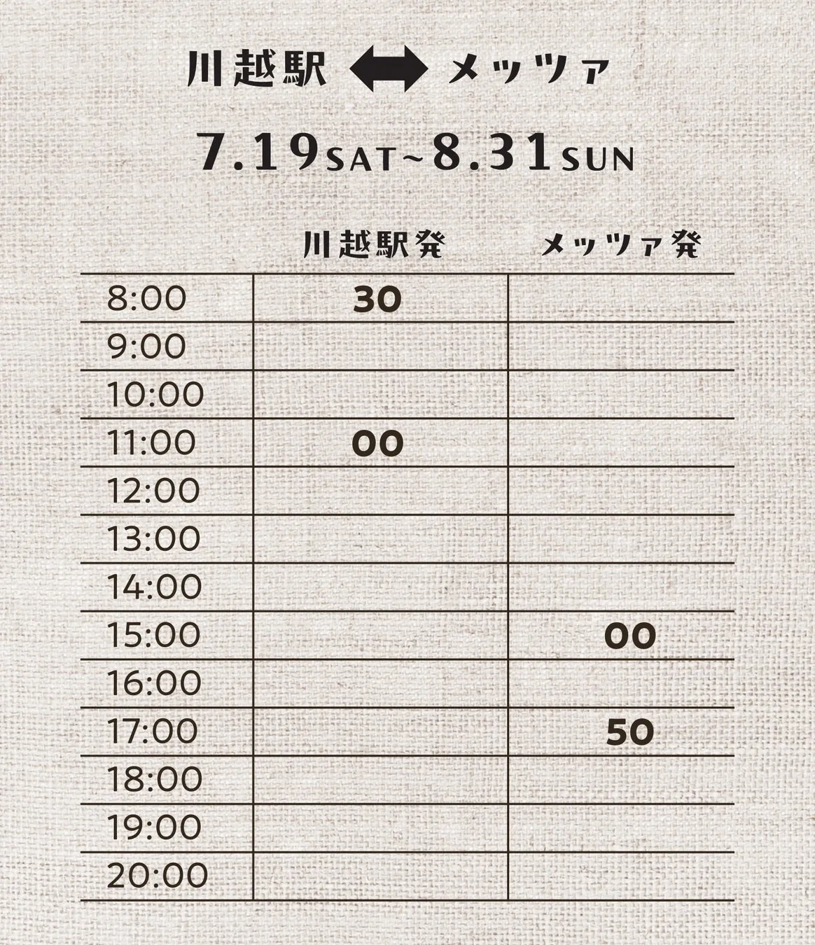 川越駅からメッツァ直行バスの時刻表