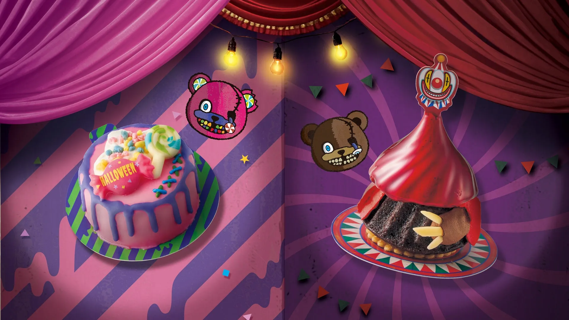 ハロウィーン限定のカラフルなケーキとカップケーキ