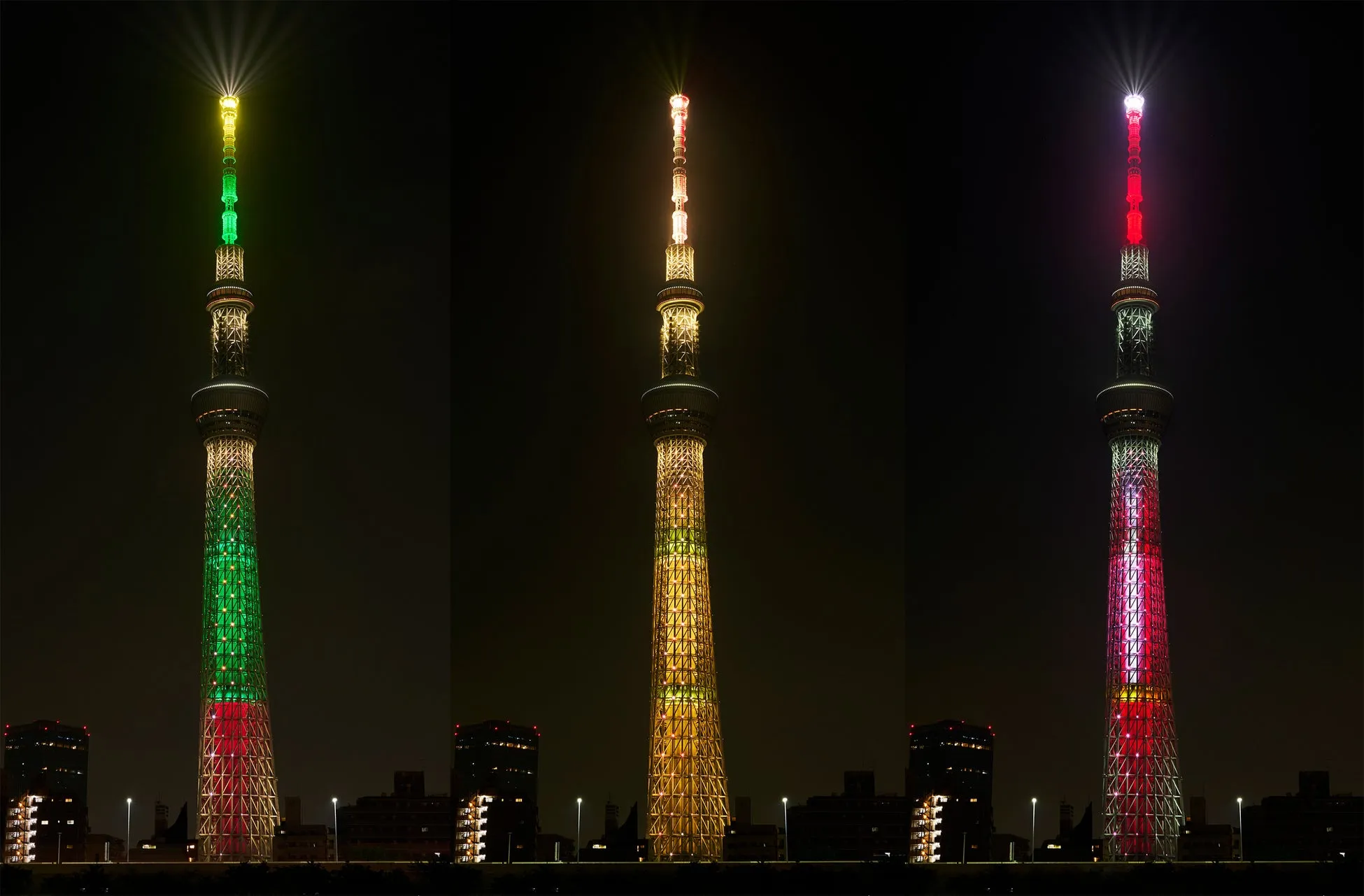 左:オーナメントツリー 中:エレガントツリー 右:サンタクロースのクリスマス特別ライティング