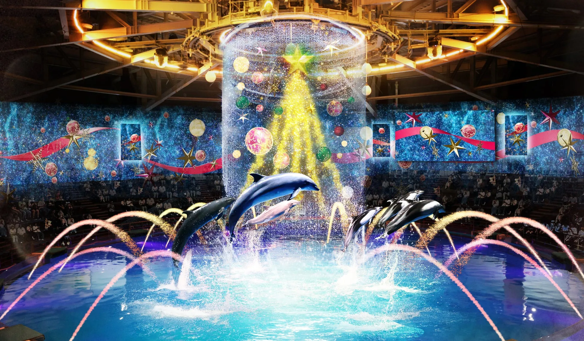 イルカショーとデジタルアートが融合したマクセル アクアパーク品川の光景