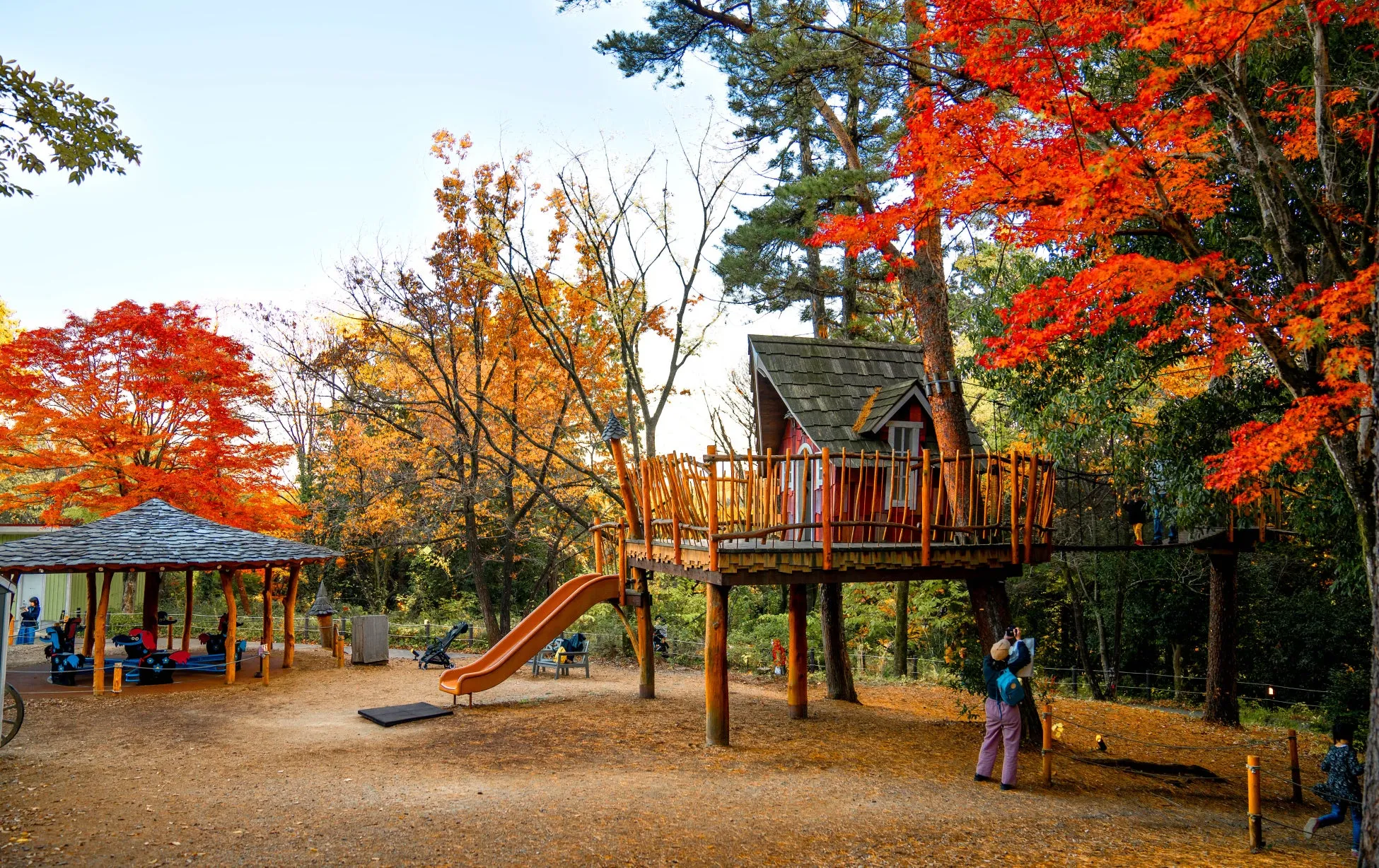 紅葉に囲まれたムーミンバレーパークの遊具エリア