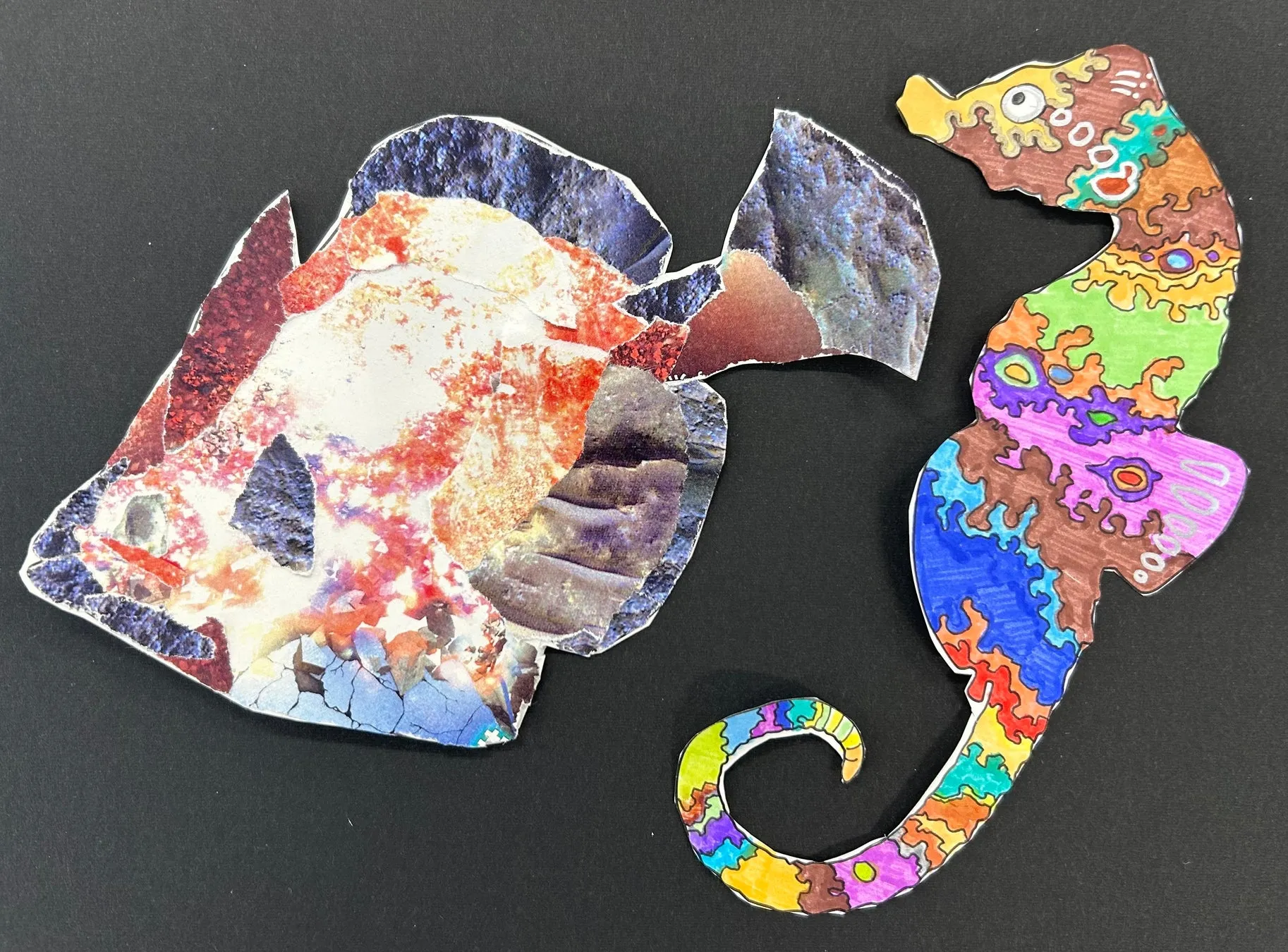 コラージュで作成された魚とカラフルなタツノオトシゴ