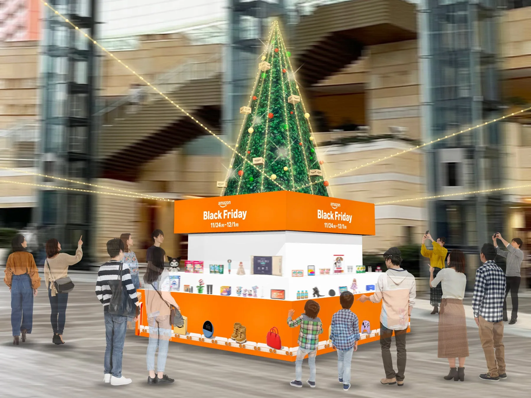 巨大なAmazon Black Friday Treeとイルミネーション