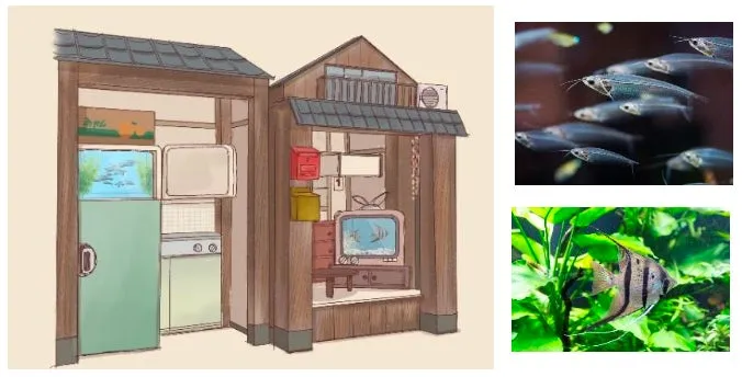 昭和風の部屋と水族館の魚の画像