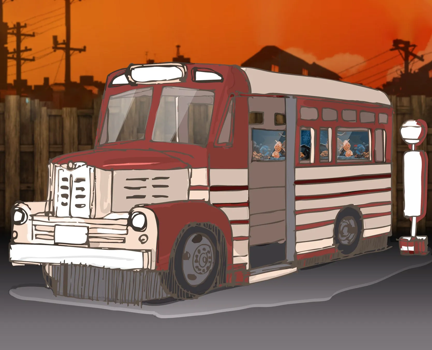 昭和レトロスタイルのバスと水族館展示