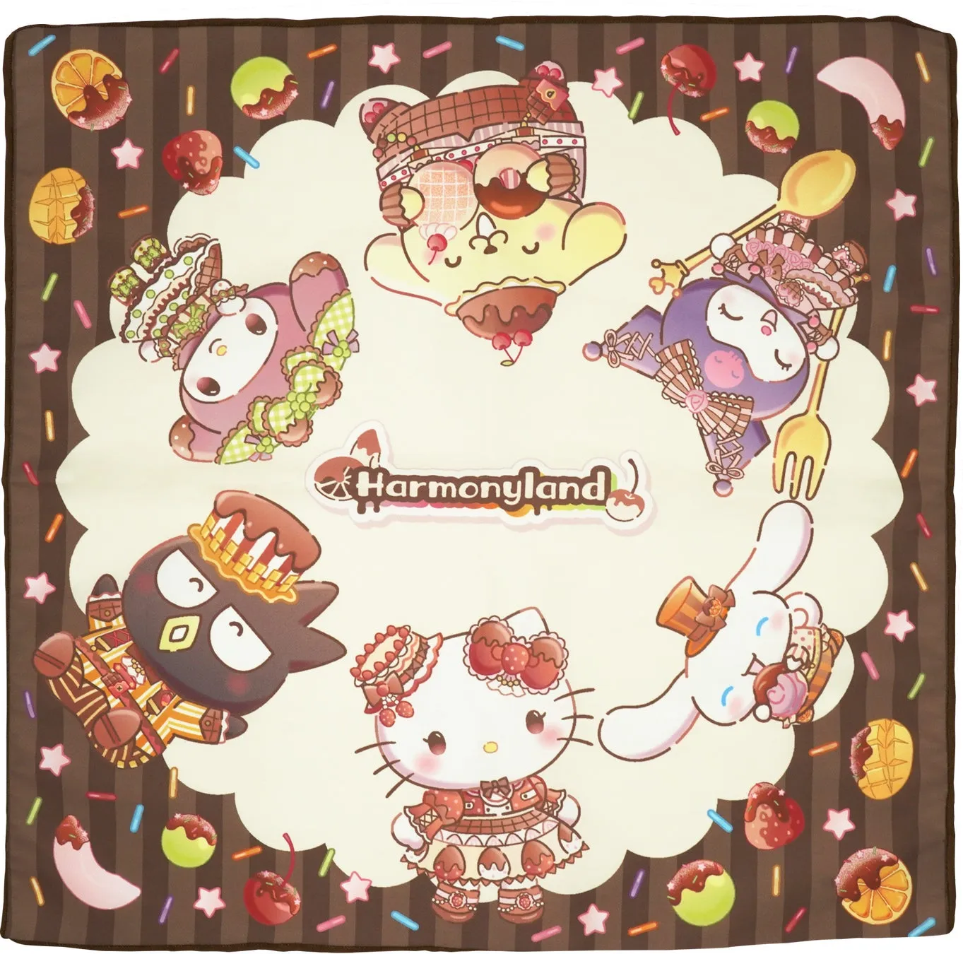 HARMONYLANDのキャラクターたちがフルーツとチョコレートのデザインで集合