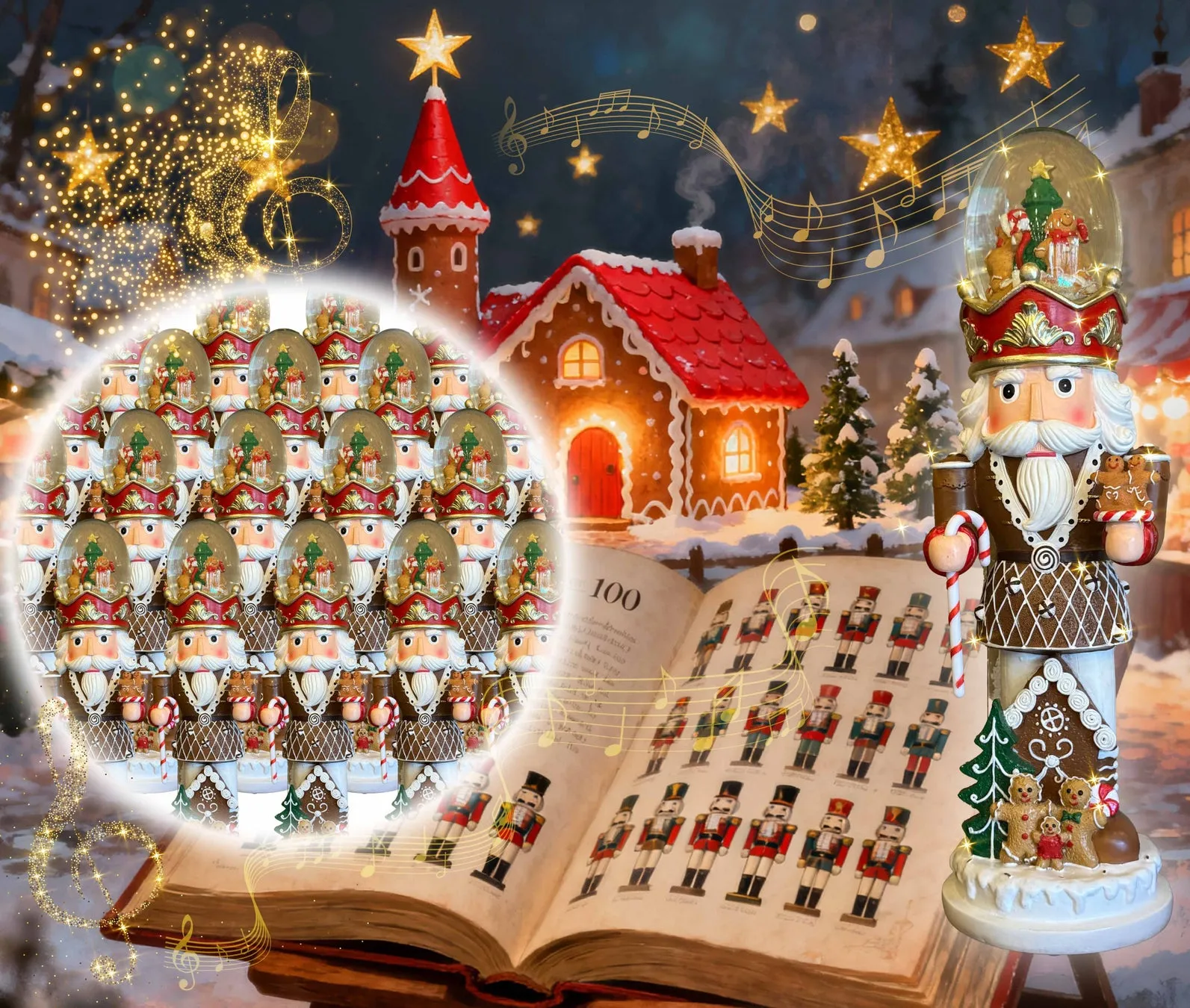 写真はイメージ図です。当日は高さ45cmのくるみ割り人形スノードームが200体並びます。頭部が光り、クリスマスソングが流れます。