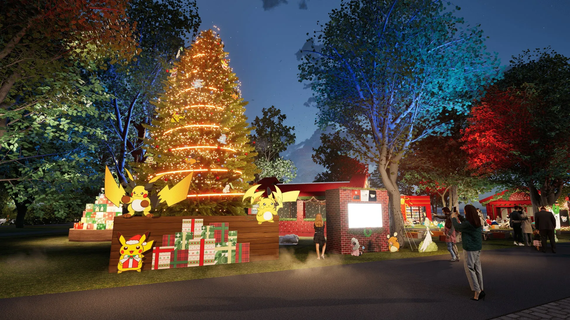 ピカピカ“ほうでん”ツリー。電気タイプのポケモンたちが協力して明かりを灯しているイルミネーション