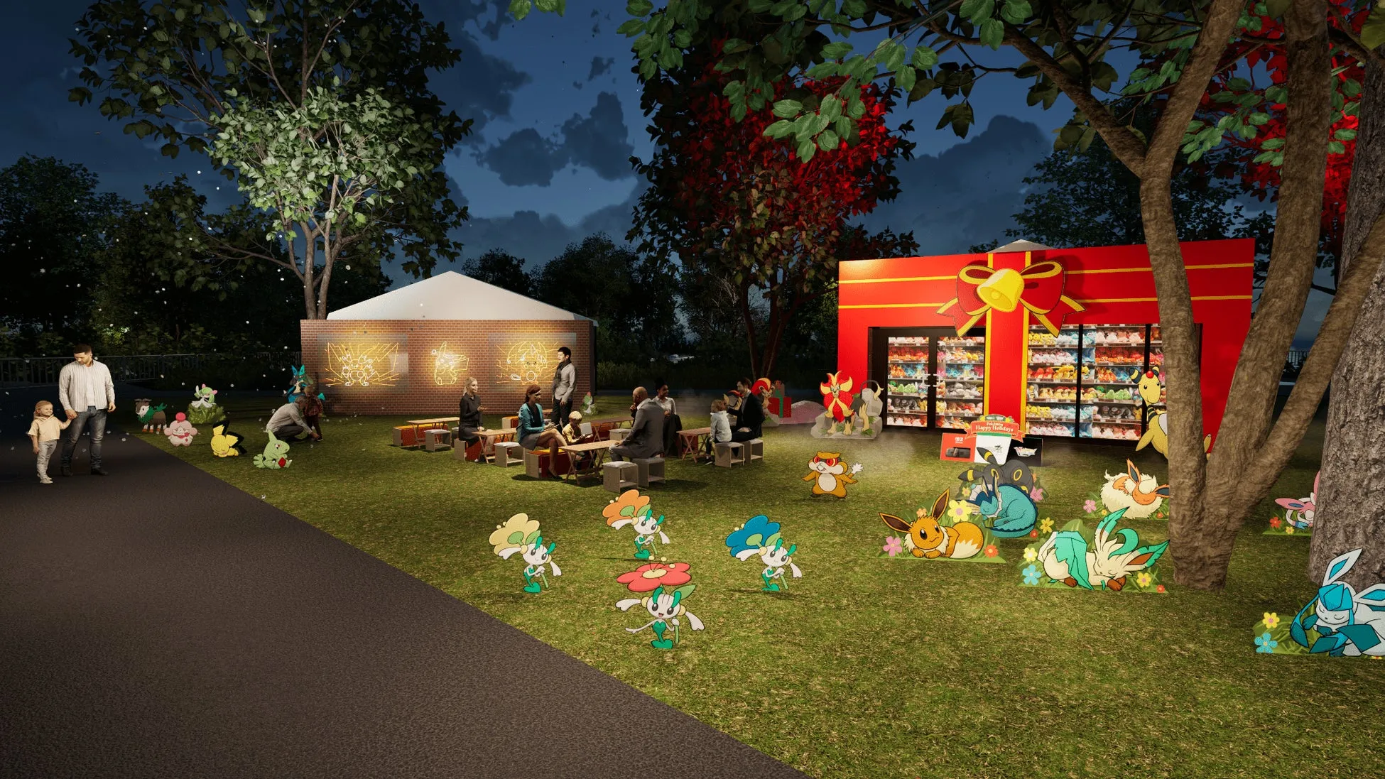 メガプレゼントBOX。350体以上のポケモンぬいぐるみを詰め込んだ巨大なプレゼントボックス型のフォトスポット