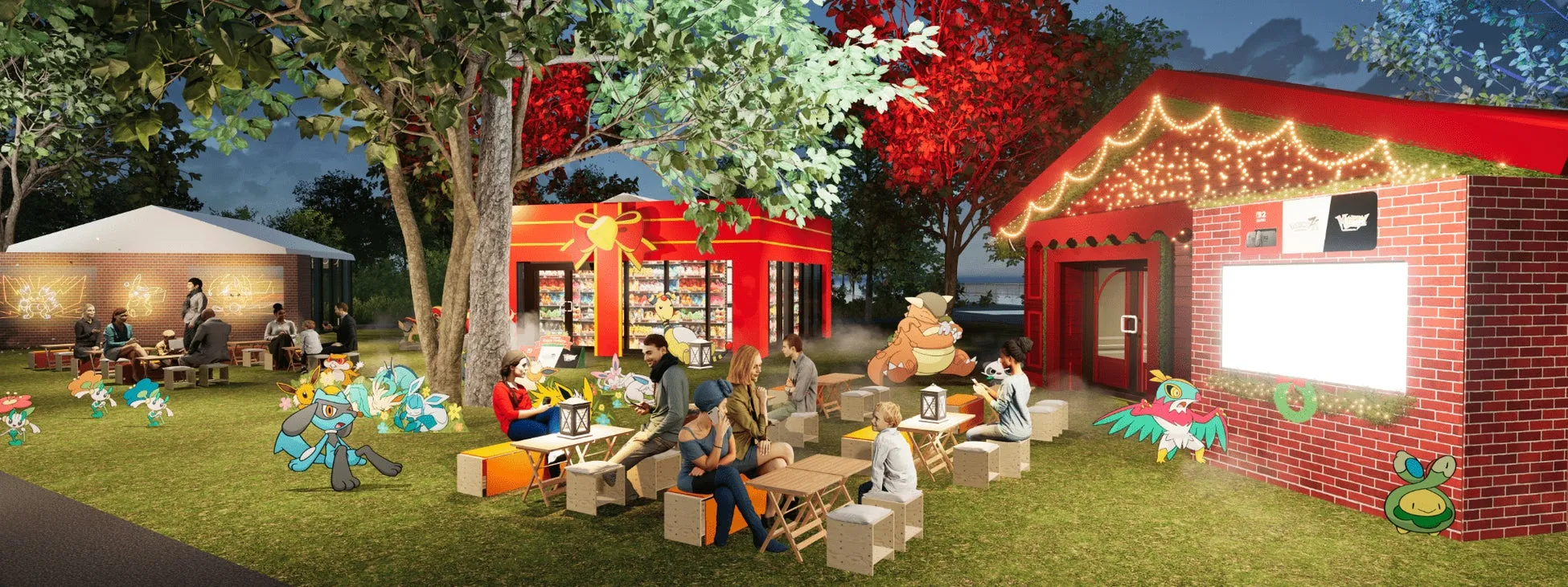 ポケモンヒュッテ。ヨーロッパのクリスマスマーケットをイメージした小屋で、『Pokémon LEGENDS Z-A』のミアレシティのカフェやホテルZの作戦会議室を模した特別装飾