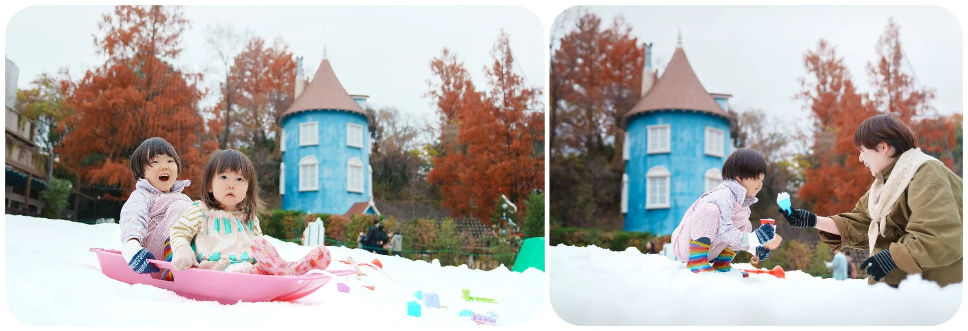 ムーミンバレーパークでの雪遊びと青い塔