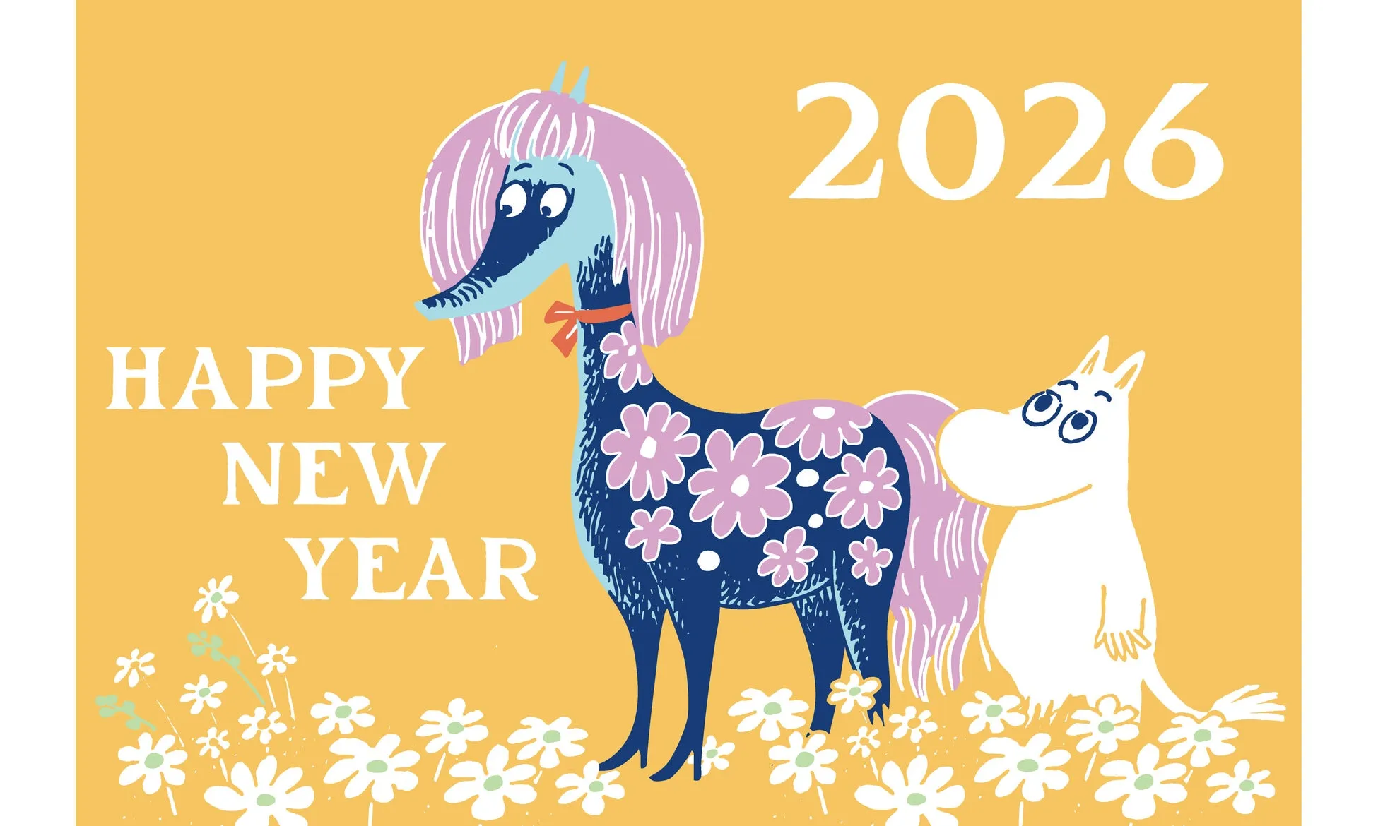 2026年の午年を祝う花柄の馬とキャラクター