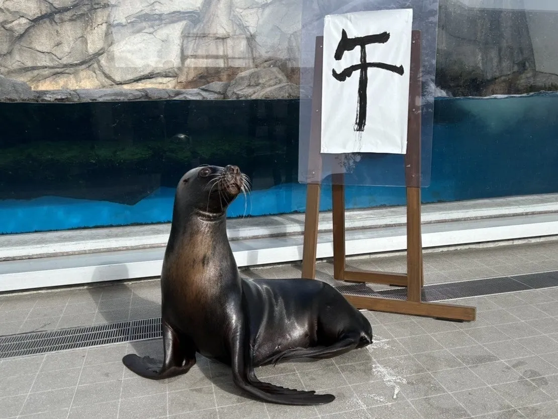 アシカと「午」の漢字が描かれたプレート