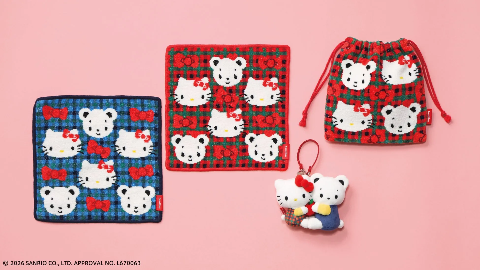 コラボ雑貨のタオルハンカチ、巾着、マスコットチャーム