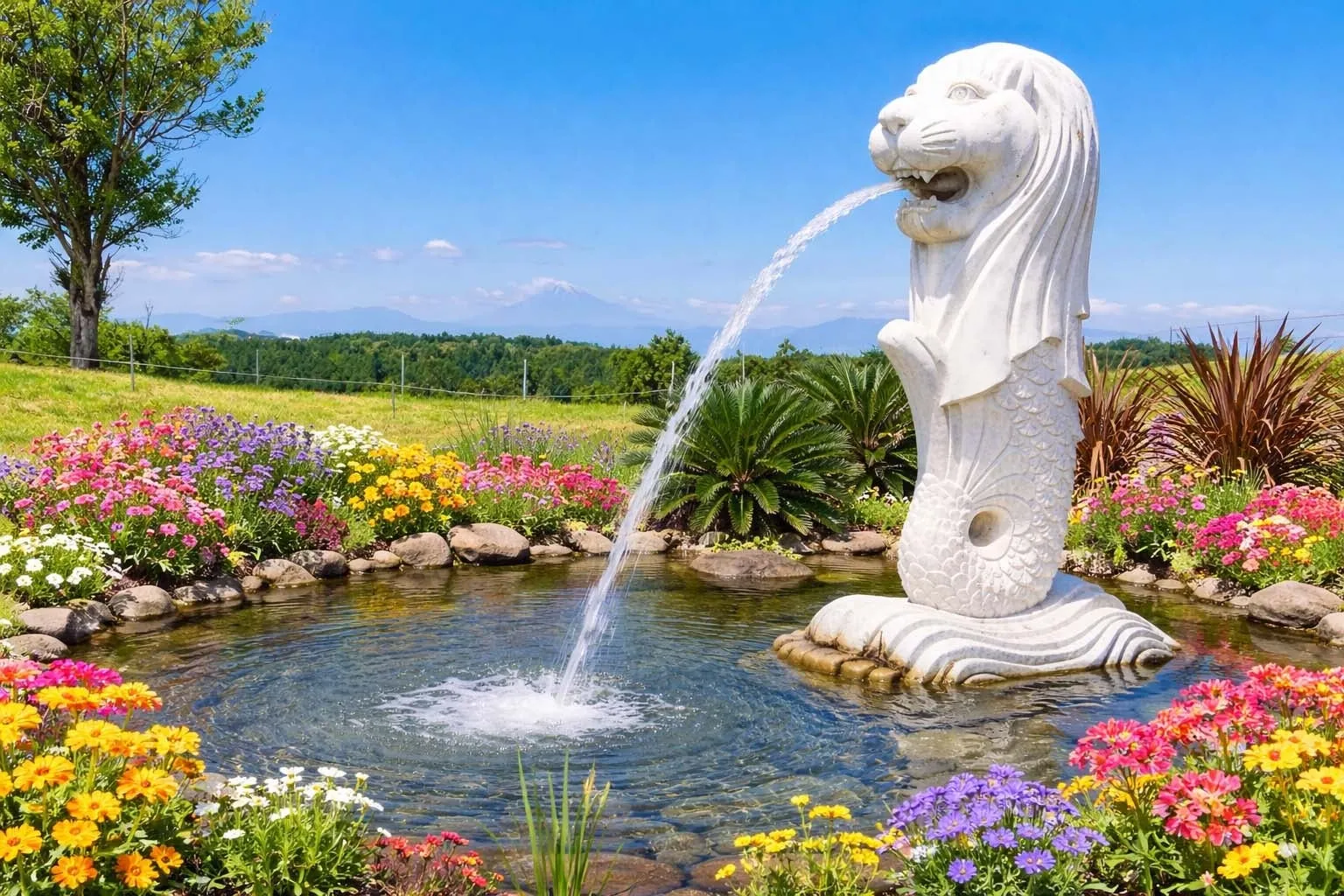 マザー牧場のマーライオン噴水と花畑