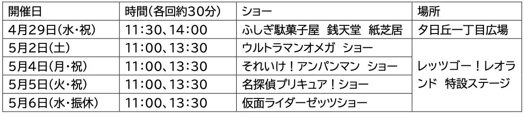 西武園ゆうえんち2026年ゴールデンウィークのショースケジュール表