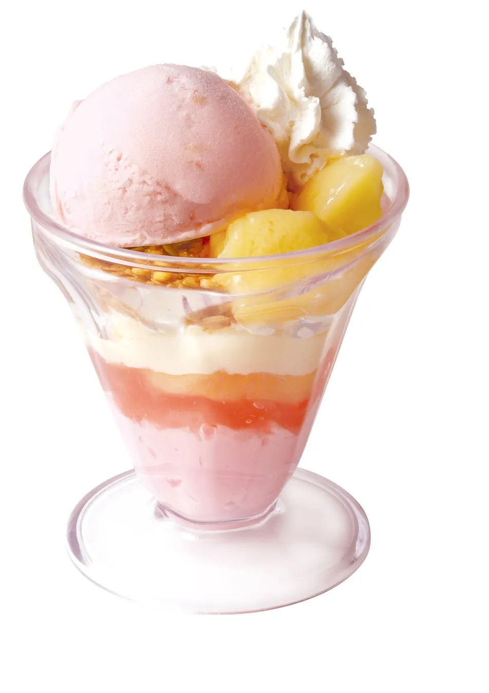 ピンクのアイスクリームとフルーツのパフェ