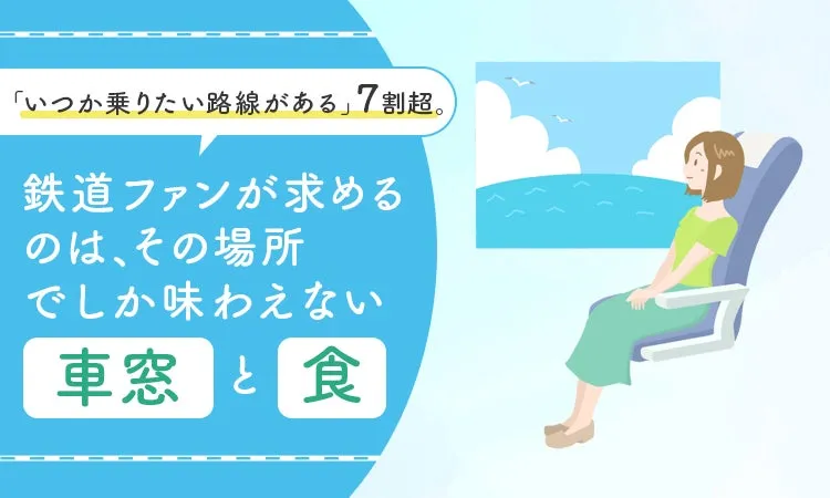 鉄道旅行を楽しむ女性と景色を示すイラスト
