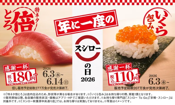 スシローの日2026開催決定！特ネタ倍とろ＆いくら包みが特別価格で登場、期間限定ソフトドリンク半額も