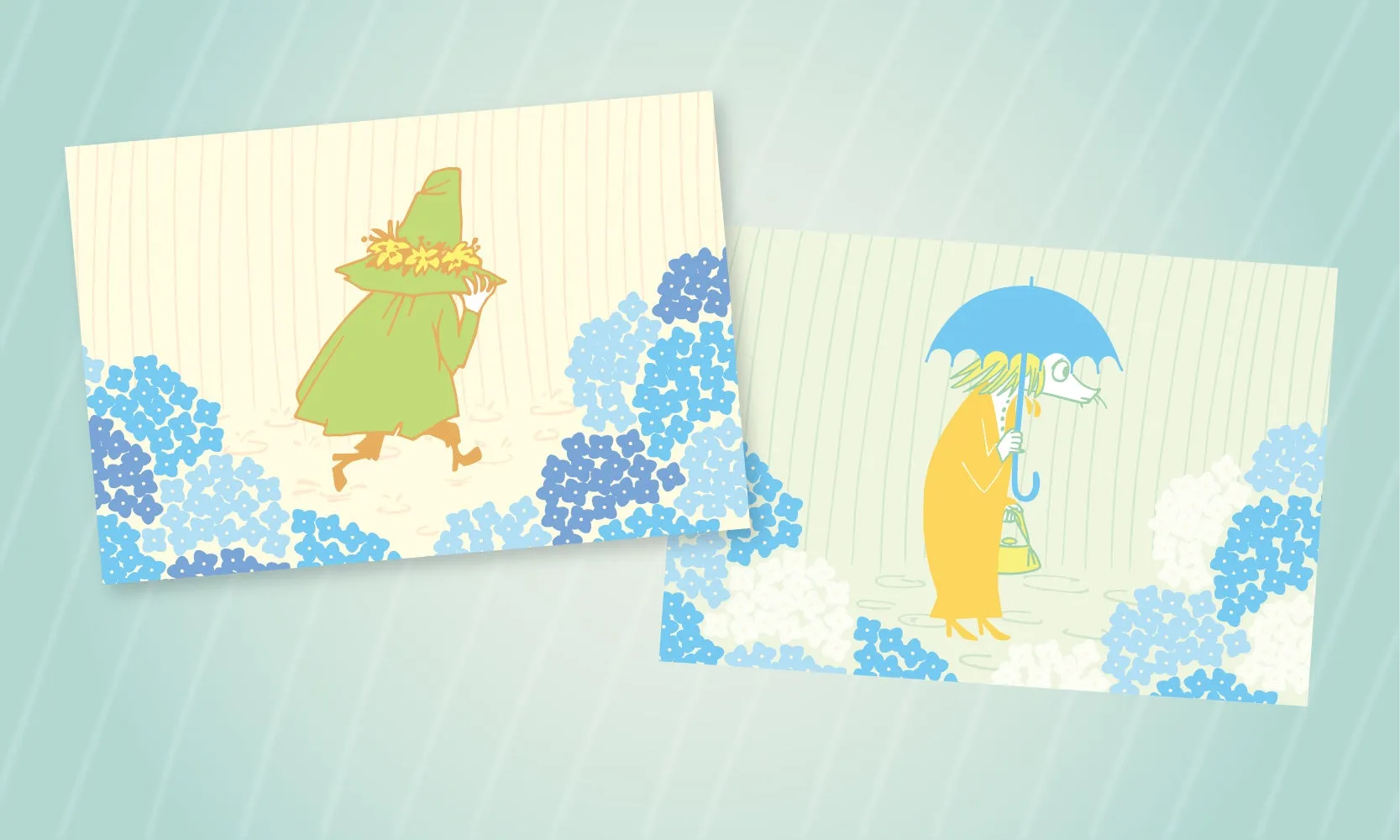 雨の日にあじさいの間を歩くキャラクターたち