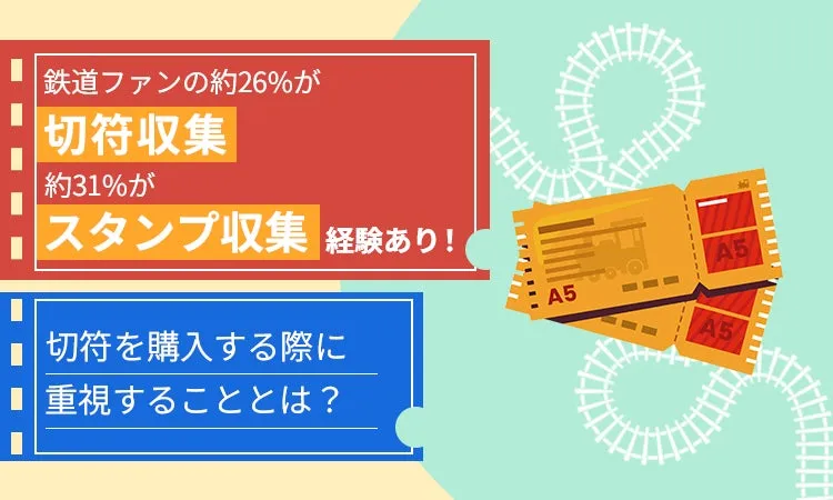 鉄道ファンの切符とスタンプ収集に関する統計とレールのイラスト