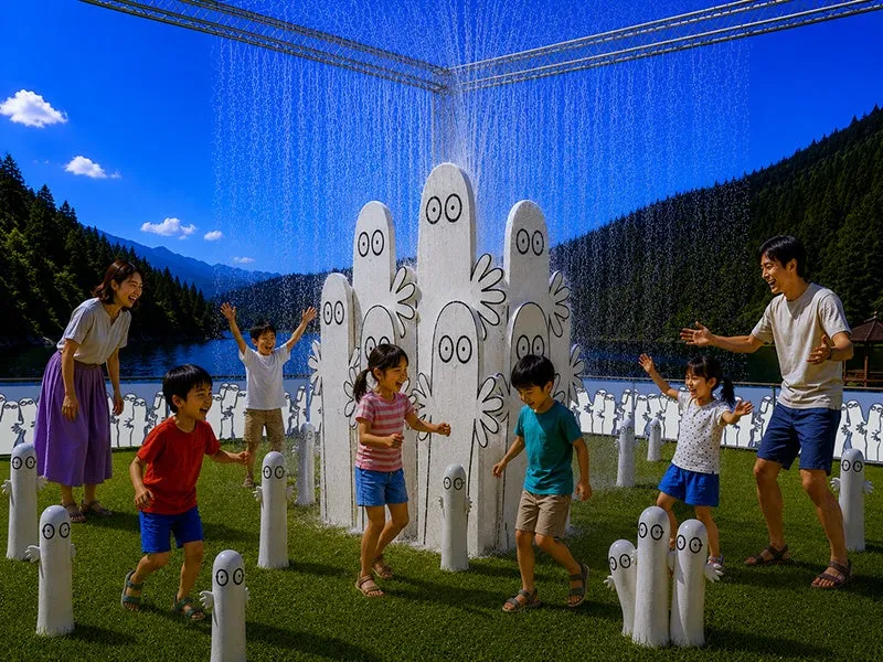 ムーミンバレーパークの水遊びで楽しむ家族