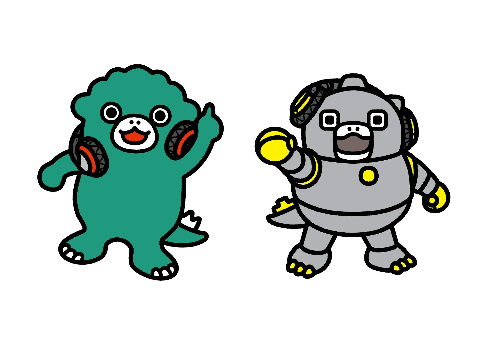 ちびゴジラとロボットキャラクターのイラスト