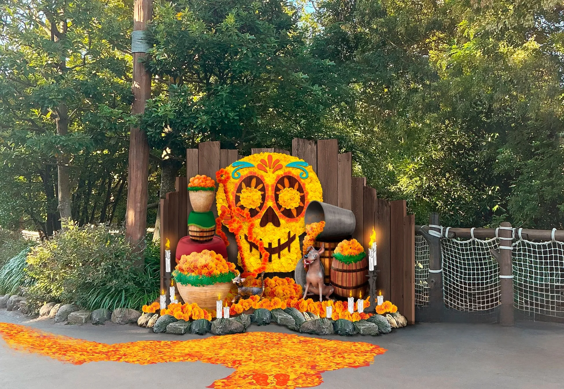 東京ディズニーリゾートの花で飾られた骸骨装飾