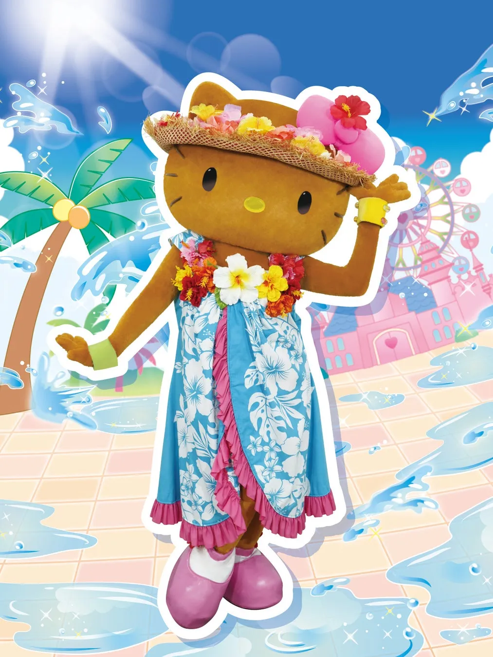 青い花柄ドレスを着たキャラクター