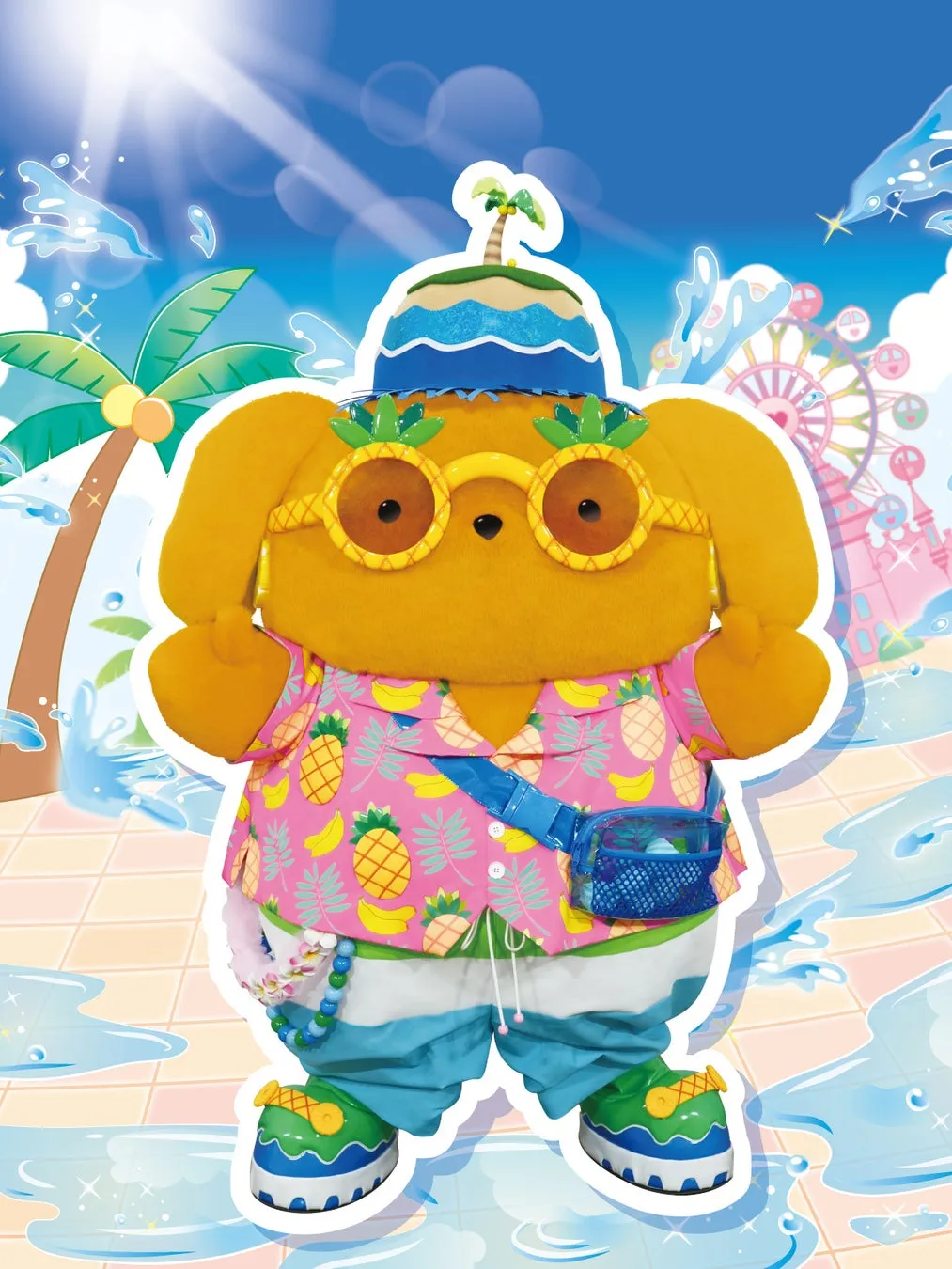 夏の南国風衣装のキャラクターと背景
