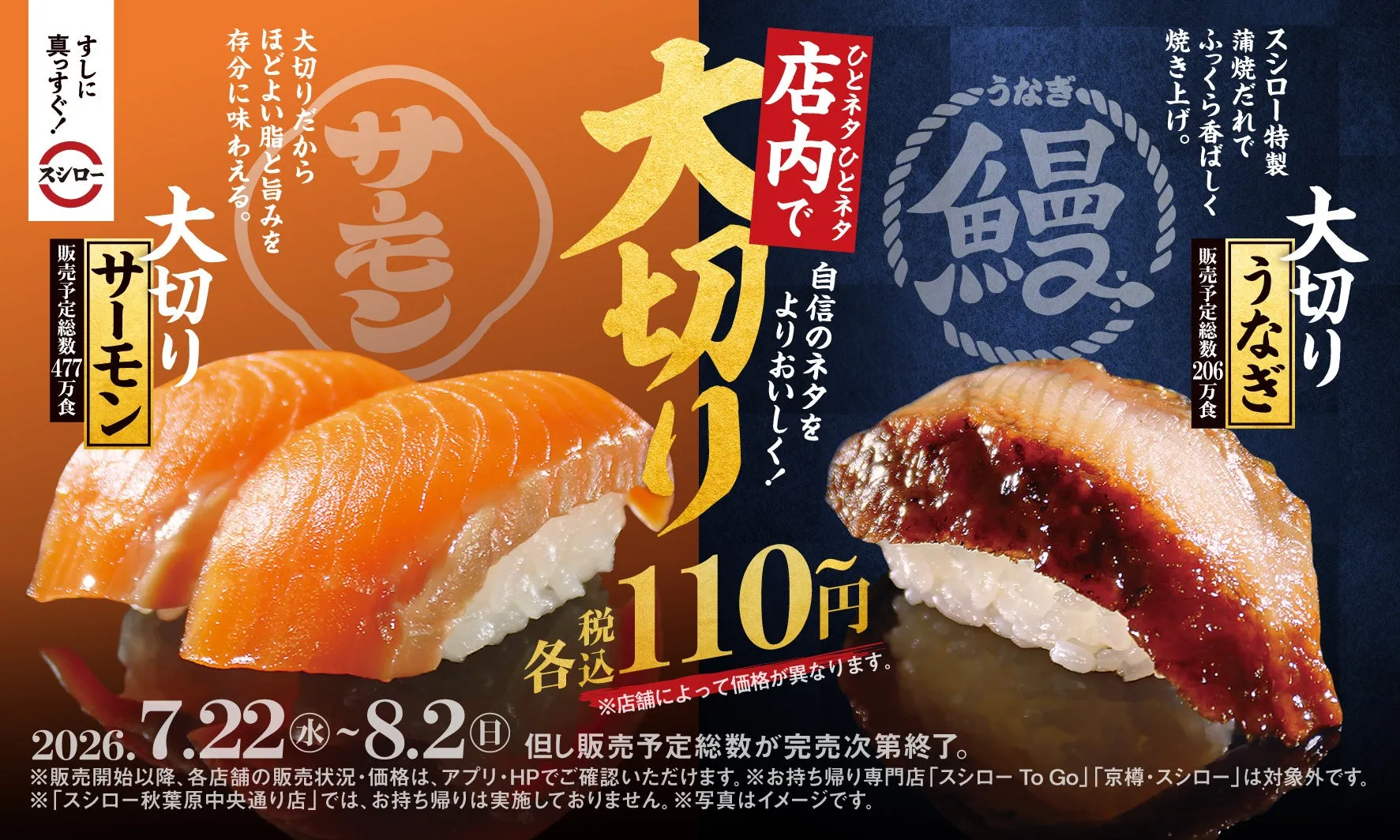 スシローの大切りサーモンと大切りうなぎ寿司