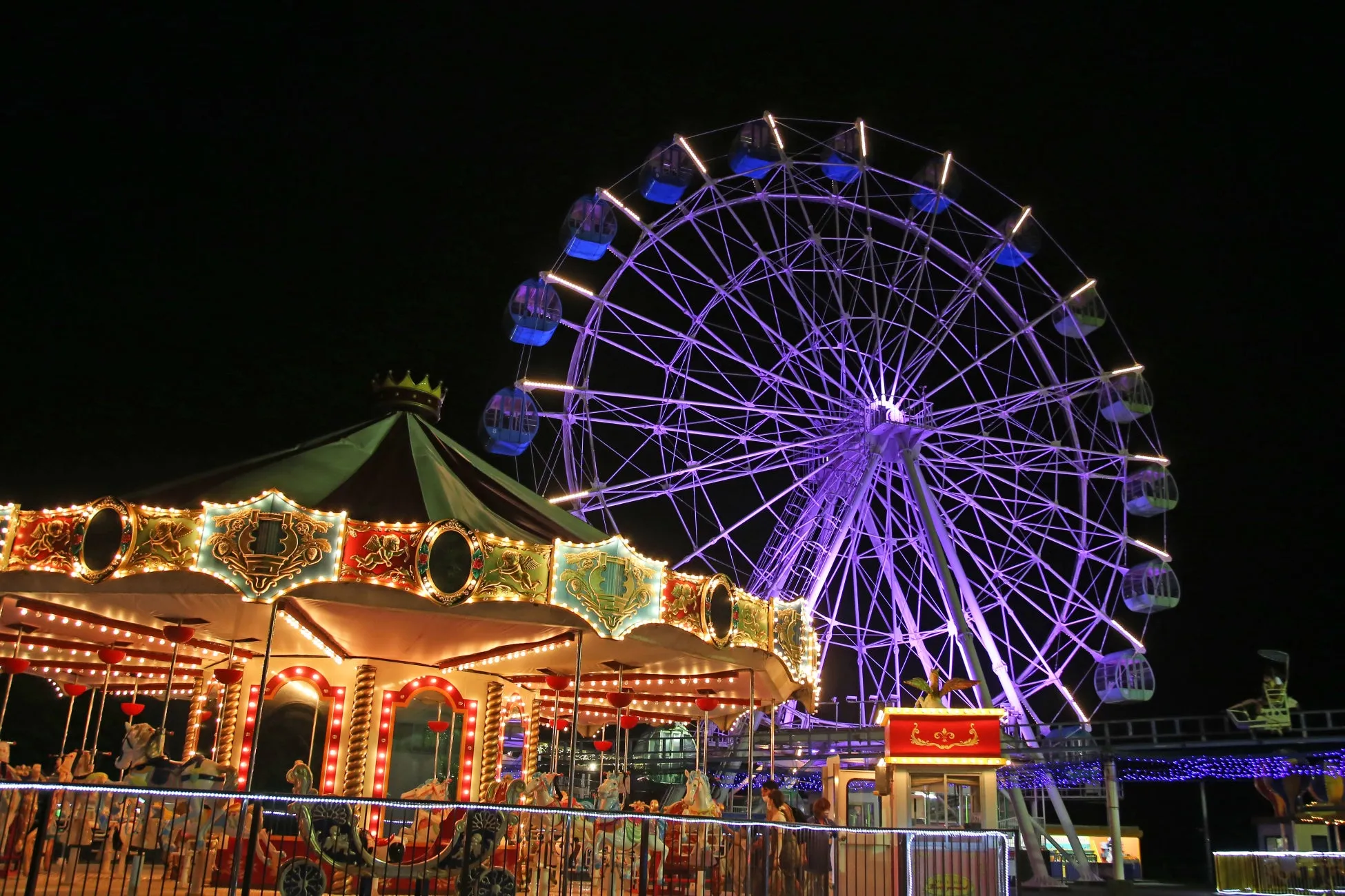 ライトアップされた観覧車とメリーゴーランド