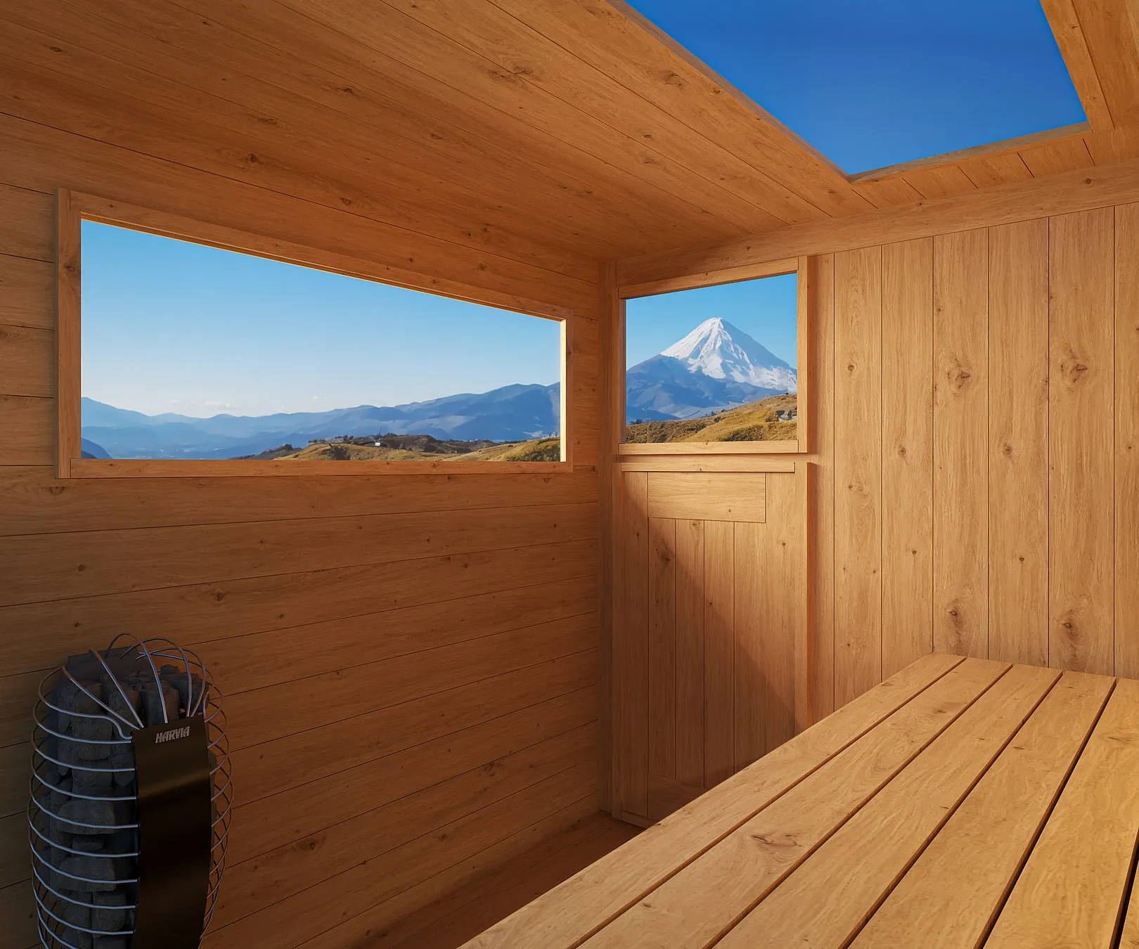 富士山を望むサウナ内装の眺め