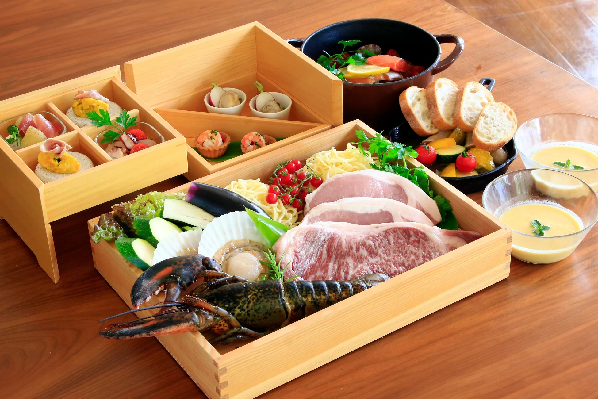 豪華な食事セット、ロブスター、和牛肉、野菜