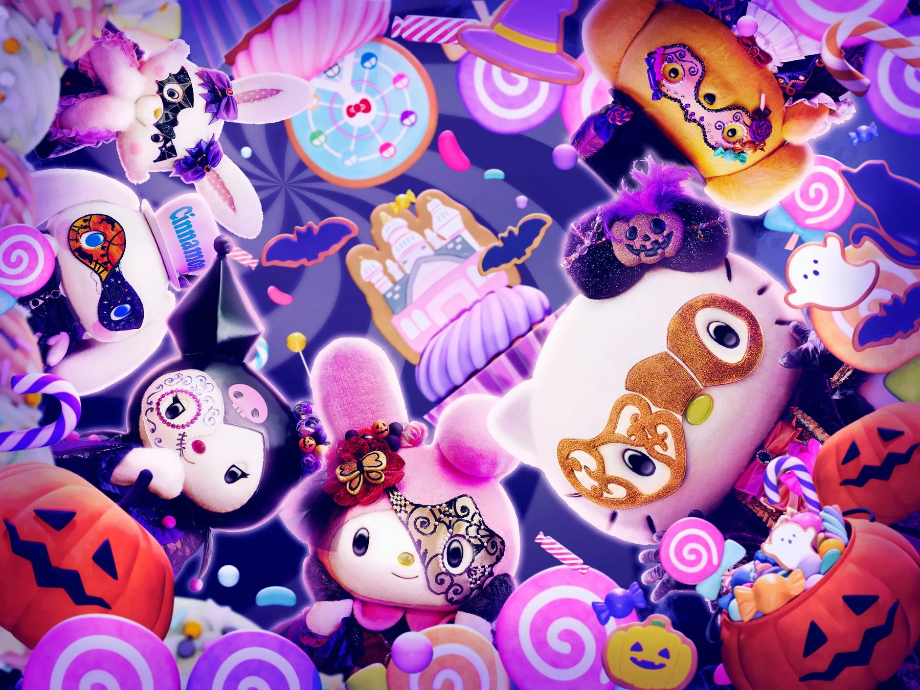 ハロウィーン仮装のキャラクターとお菓子の背景