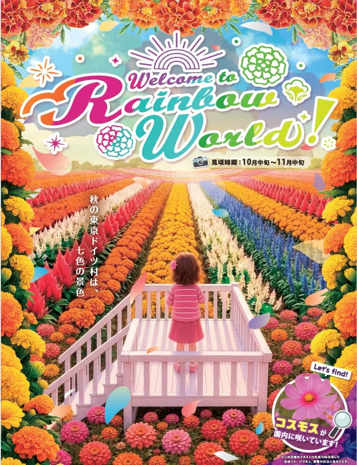 カラフルな花畑とイベントポスター