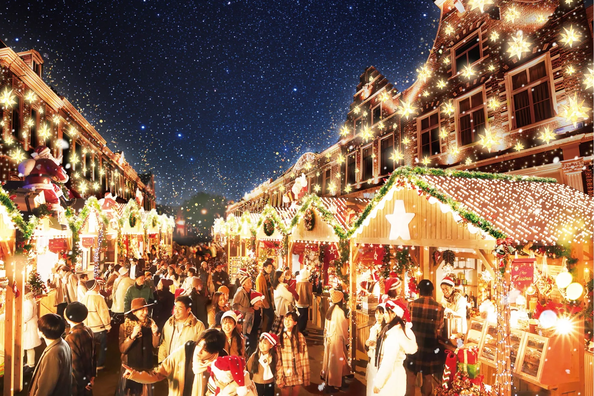 ヨーロッパ風のクリスマスマーケットの夜景