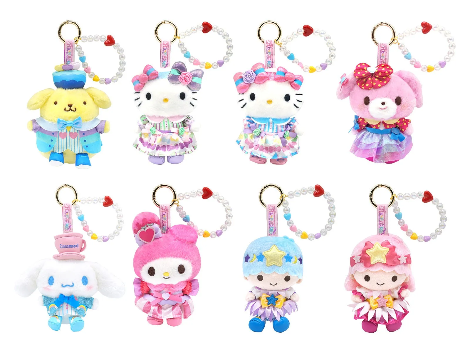 カラフルな衣装を着たサンリオキャラクターのぬいぐるみキーチェーン