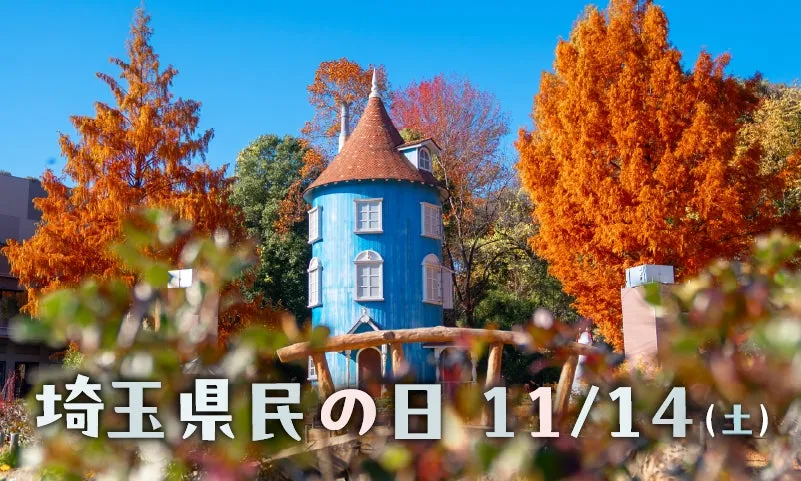 ムーミンバレーパークのムーミンハウスと秋の紅葉