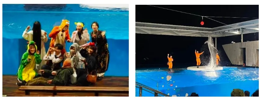 ハロウィン衣装の人々とイルカショー
