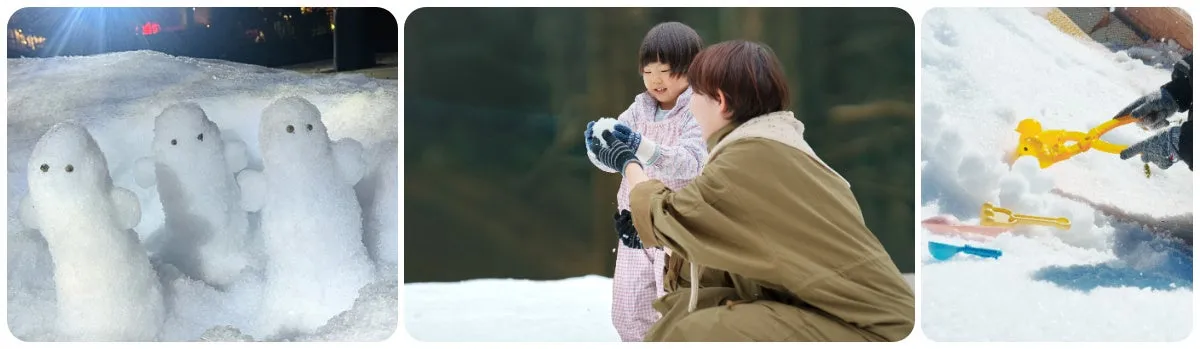 雪遊びをする子どもたちと雪だるま