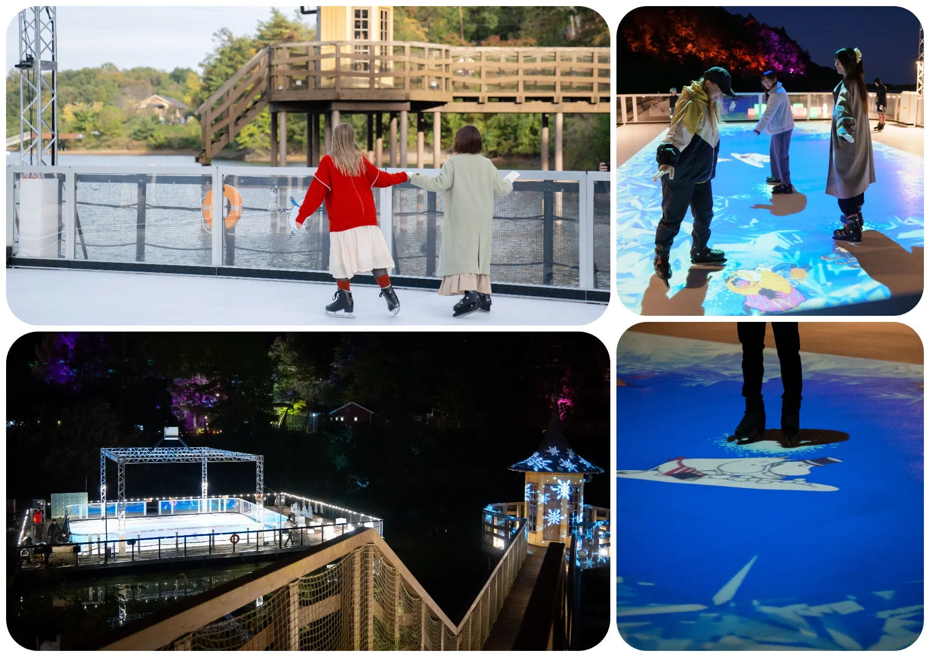 アイススケートリンクで遊ぶ子供たちとイルミネーション