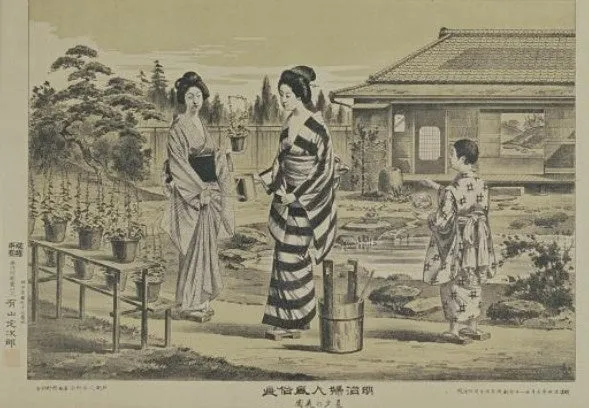 明治婦人風俗画 夏夕の庭園 有山定次郎 明治24年（1891）